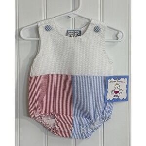 Three Sisters Baby Boys Newborn Red Blue Seersucker Colorblock Bubble Romper NWT